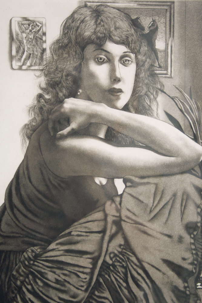 David Bumbeck Original Signed Etching of a Woman With Cats