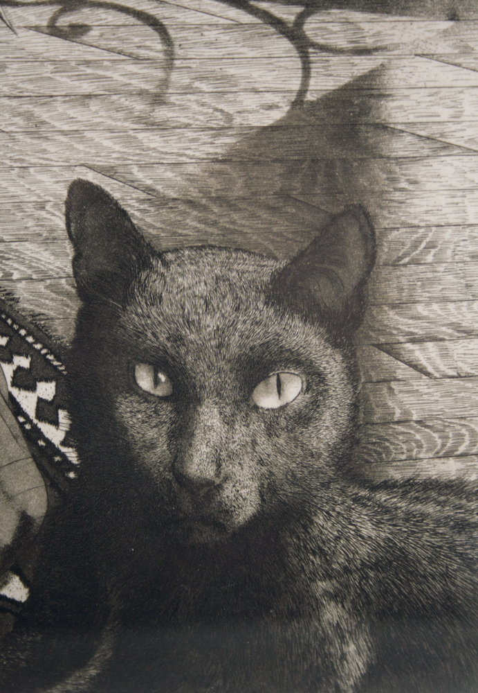 David Bumbeck Original Signed Etching of a Woman With Cats