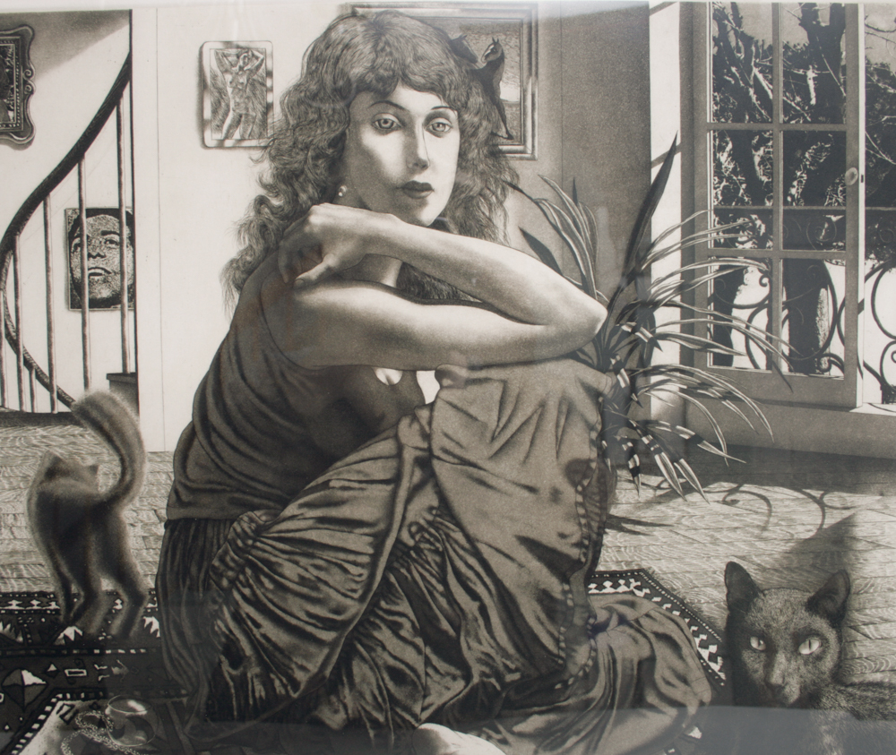 David Bumbeck Original Signed Etching of a Woman With Cats