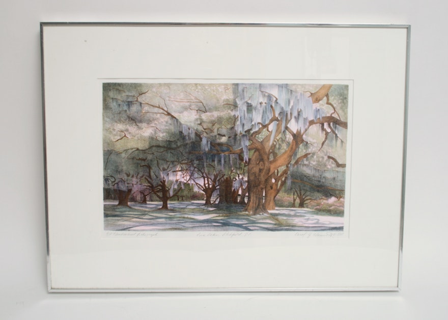 Carol Hammett Signed A/P Hand-colored Lithograph Of Southern Live Oaks