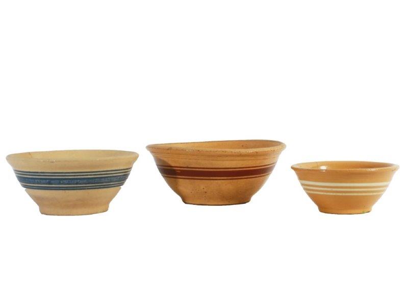 Three Antique Yellow Ceramic Bowls