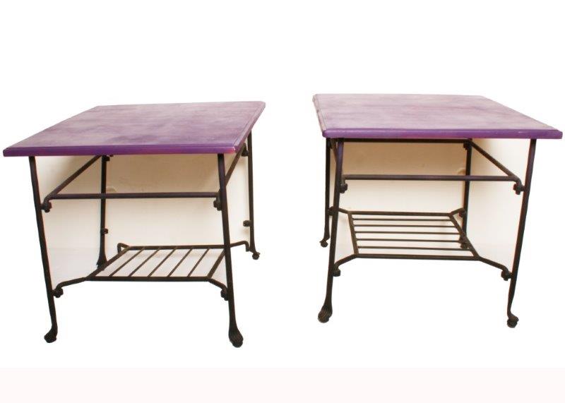 Two Black Metal and Wood Side Tables