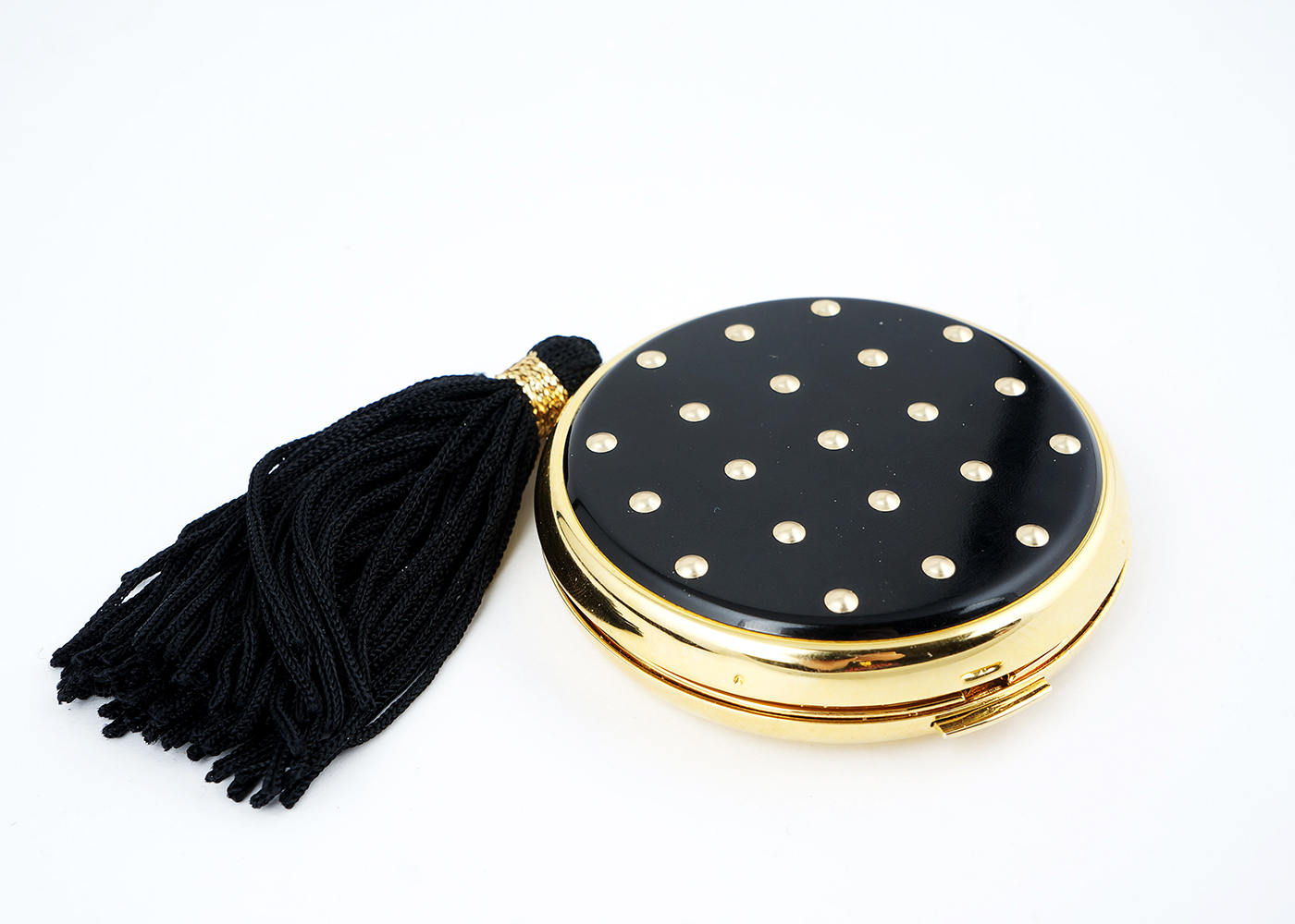 Lancome Round Black Compact with Gold Tone Dots and Black Tassel
