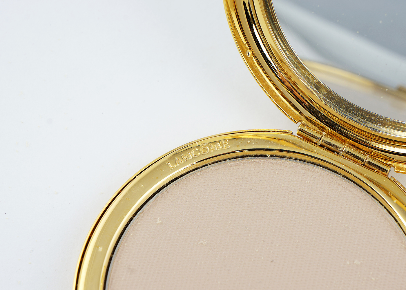 Lancome Round Black Compact with Gold Tone Dots and Black Tassel