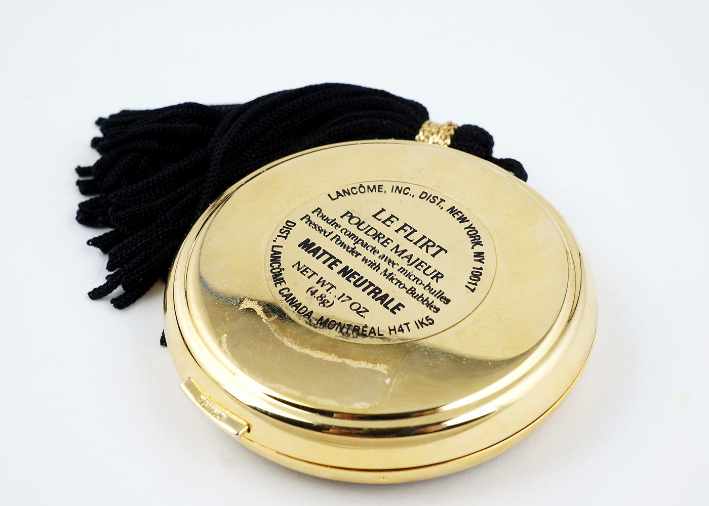 Lancome Round Black Compact with Gold Tone Dots and Black Tassel