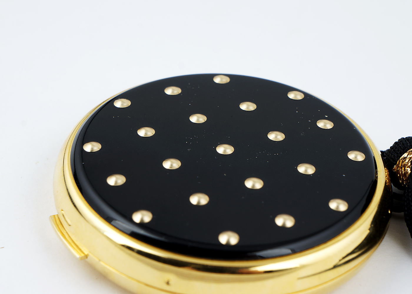 Lancome Round Black Compact with Gold Tone Dots and Black Tassel