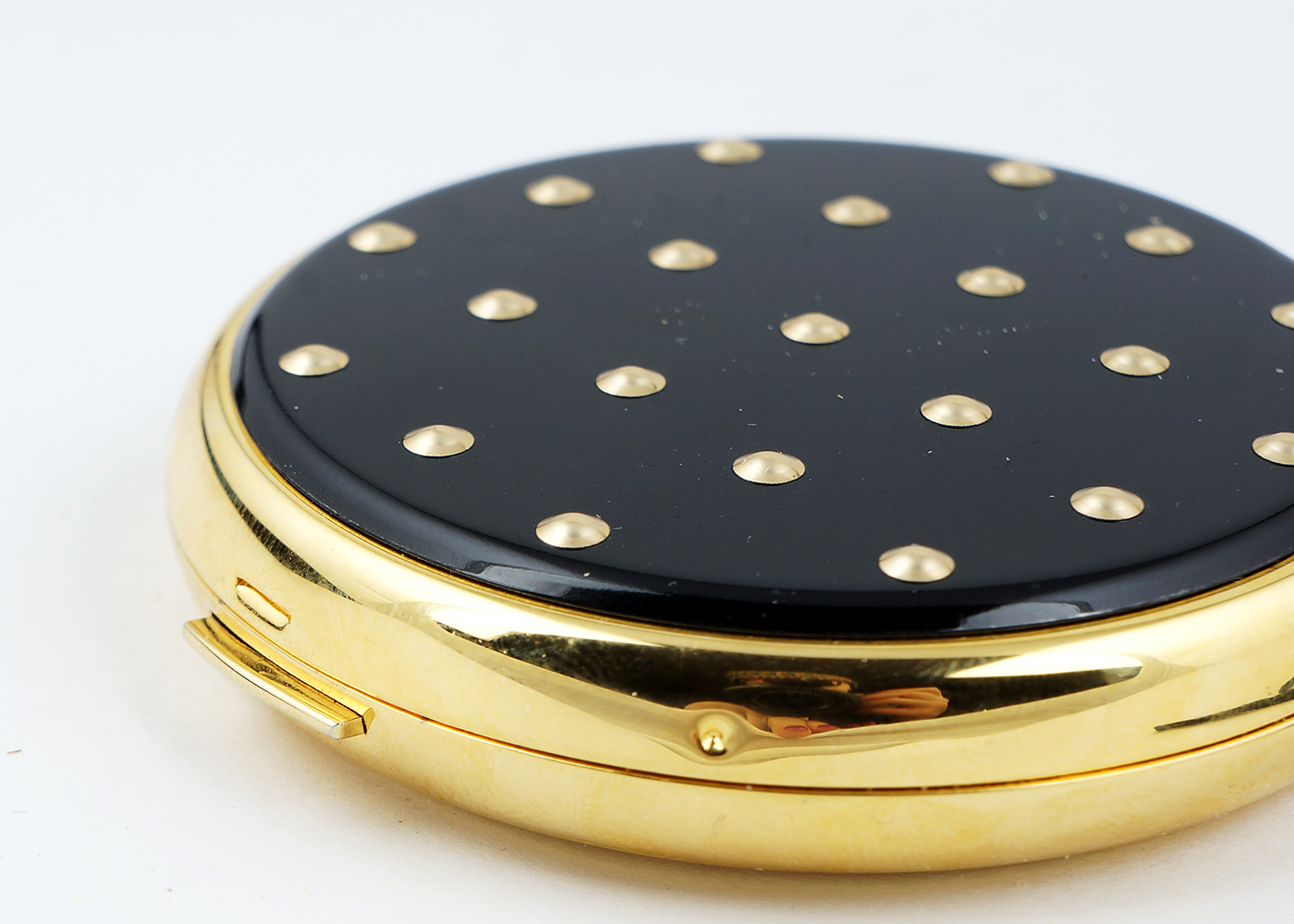 Lancome Round Black Compact with Gold Tone Dots and Black Tassel