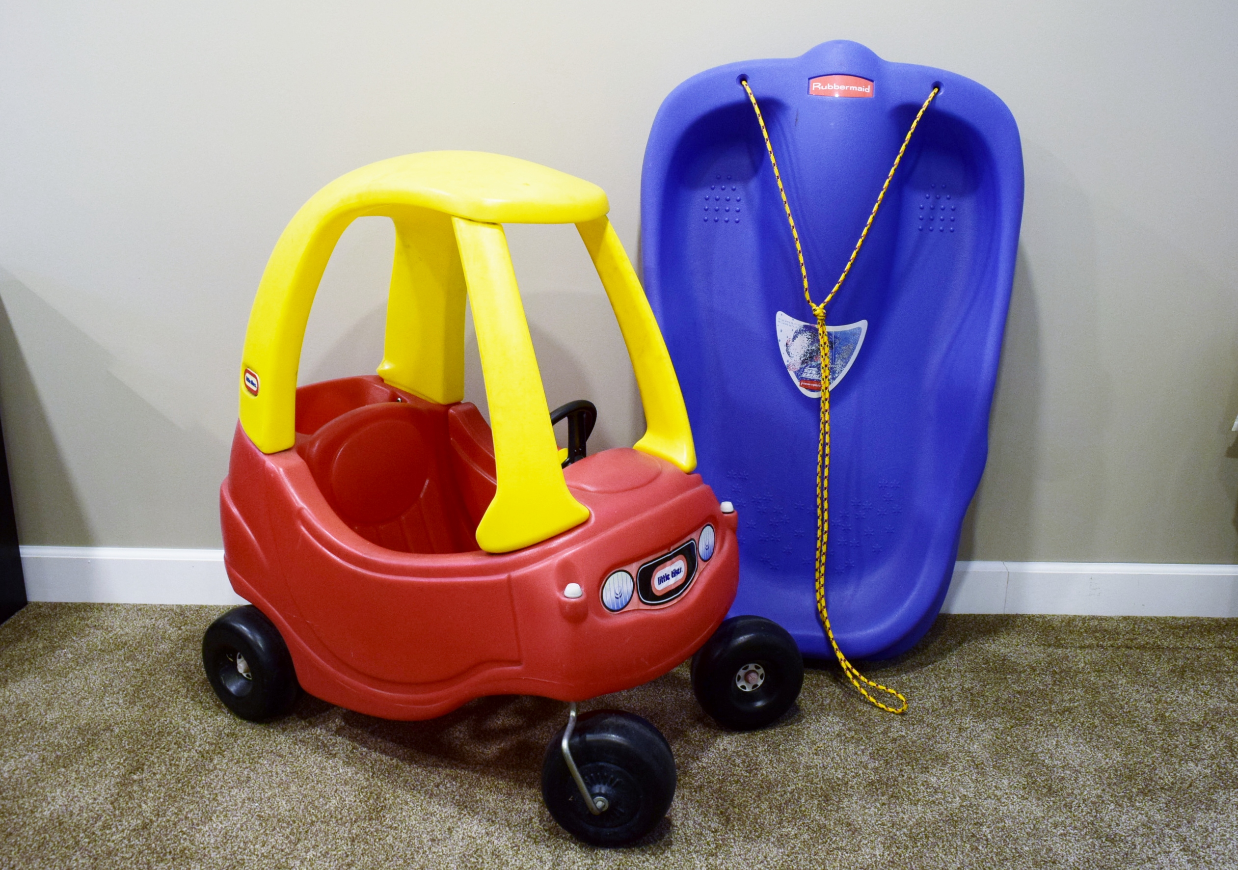 LittleTikes Cozy Coupe and Rubbermaid Sled