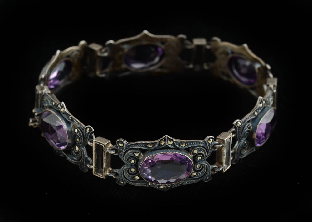 1930s Vintage German Sterling, Amethyst and Marcasite Bracelet