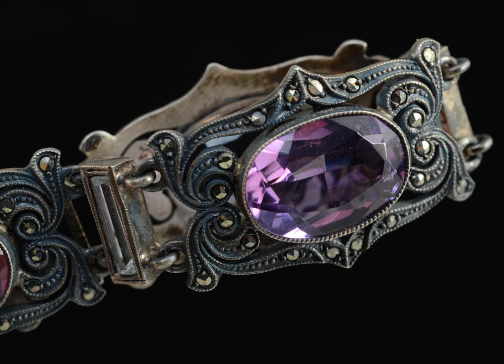 1930s Vintage German Sterling, Amethyst and Marcasite Bracelet
