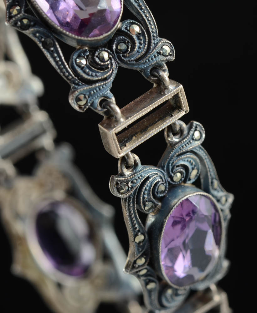 1930s Vintage German Sterling, Amethyst and Marcasite Bracelet