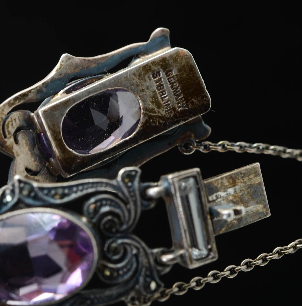 1930s Vintage German Sterling, Amethyst and Marcasite Bracelet