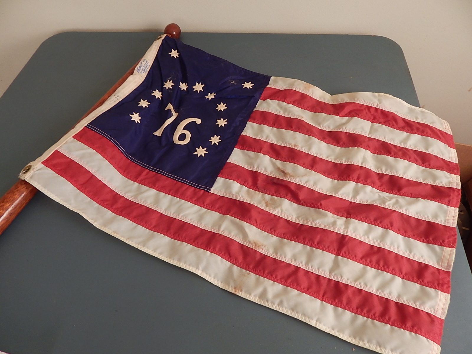 Vintage Mahogany Wood Boat Flag Pole and Flag