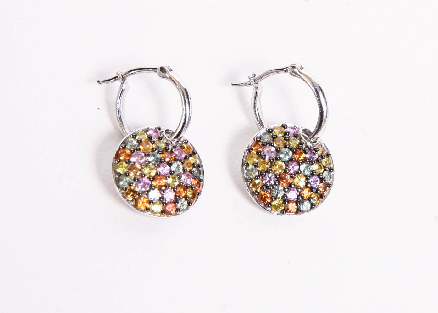 Sterling Silver Hoop Earrings With Disc Drop Accent