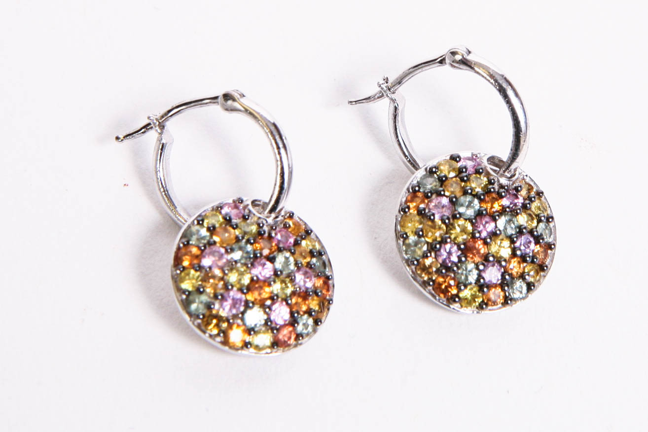 Sterling Silver Hoop Earrings With Disc Drop Accent