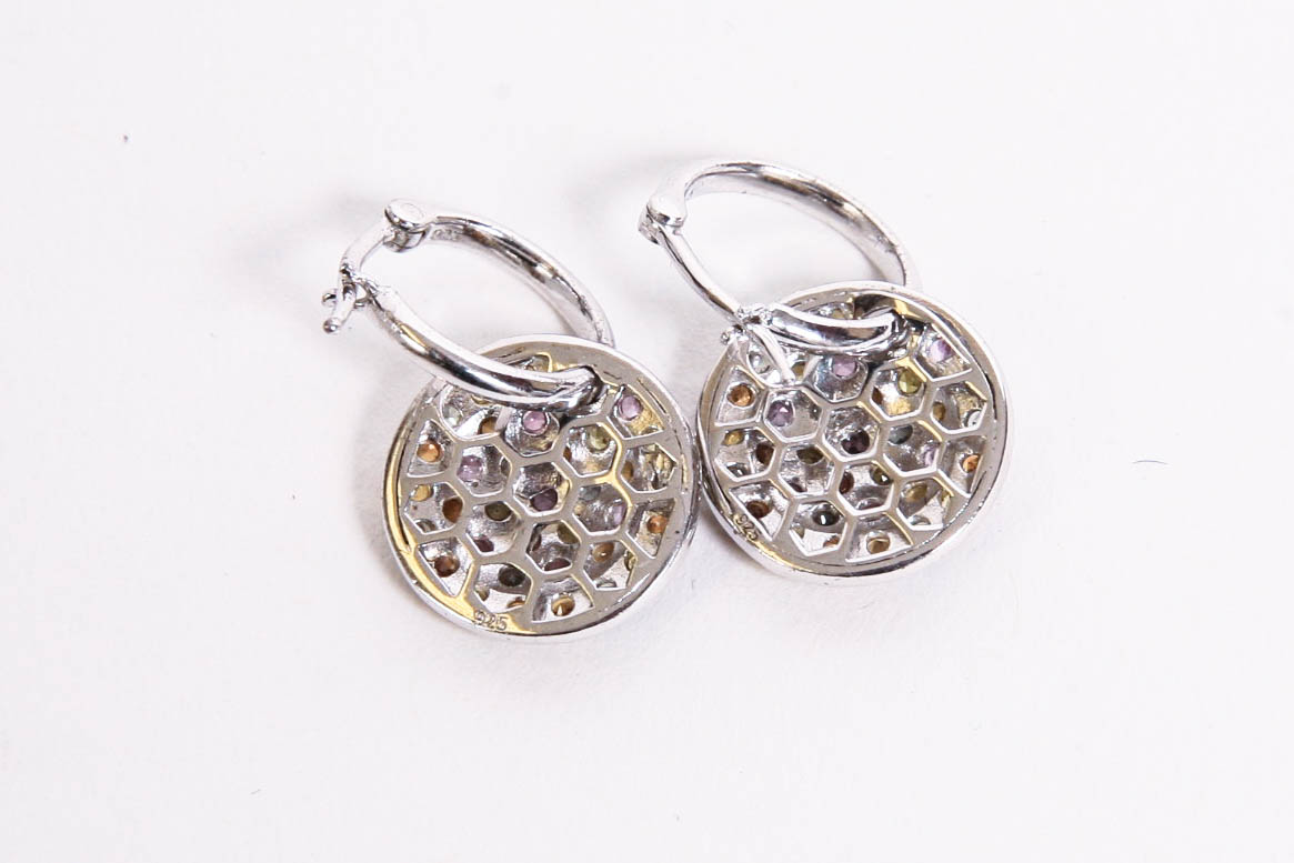 Sterling Silver Hoop Earrings With Disc Drop Accent