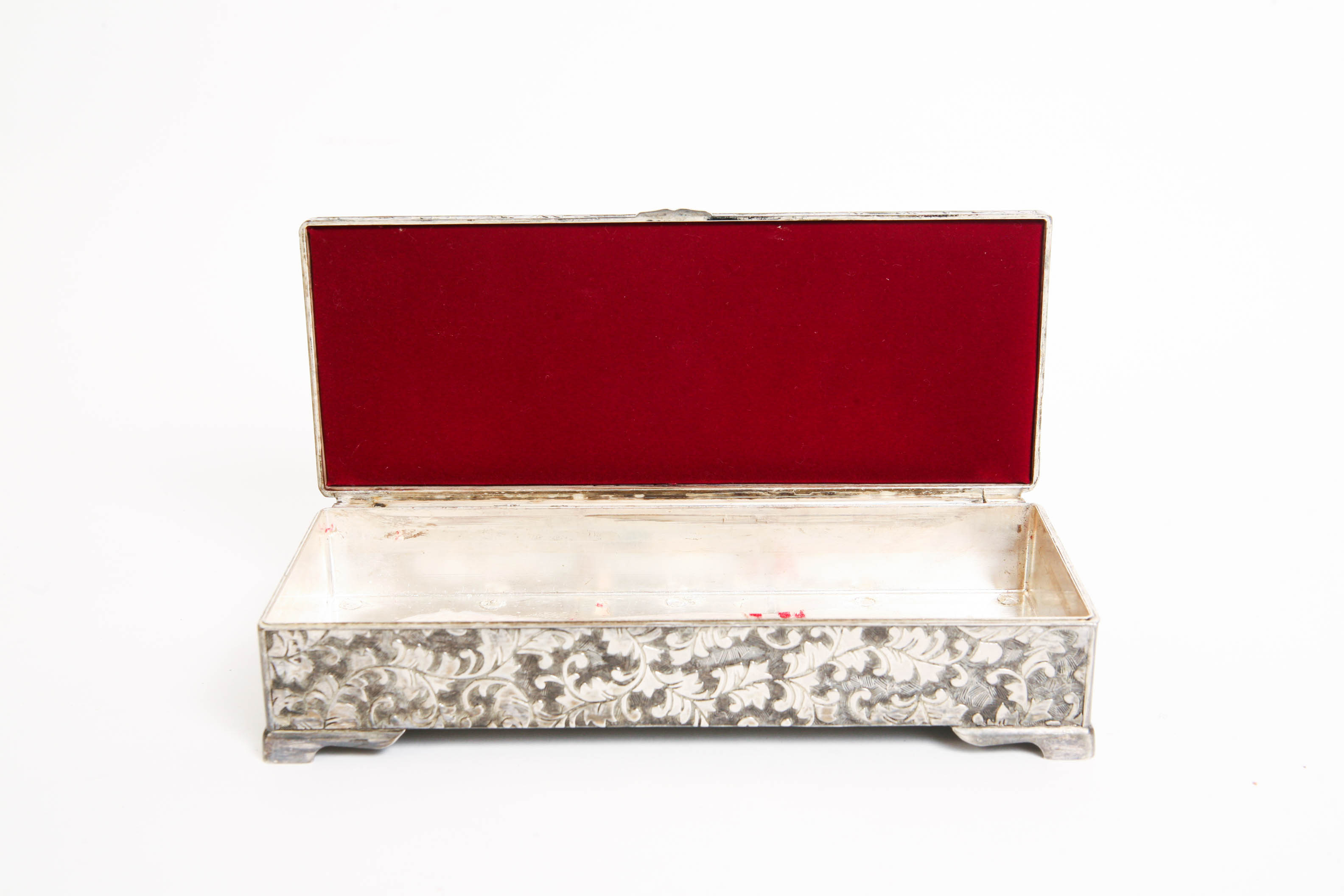 Carved Pewter Tone Metal Jewelry Box