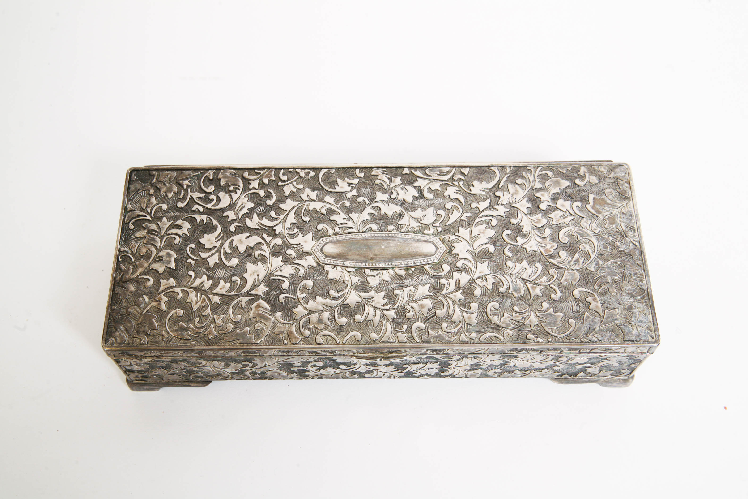 Carved Pewter Tone Metal Jewelry Box