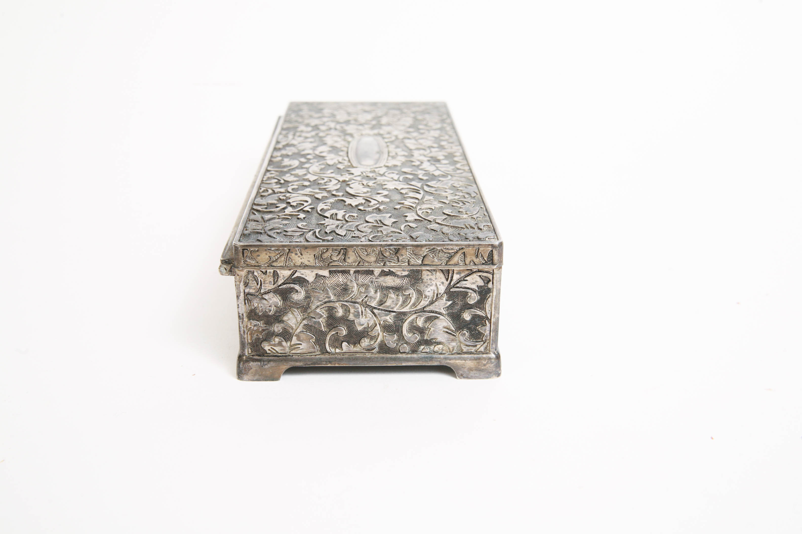 Carved Pewter Tone Metal Jewelry Box