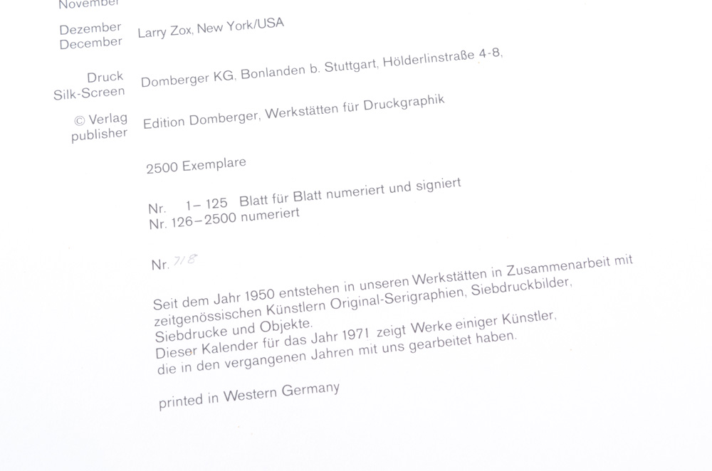 German 1971 Ein Domberger Siebdruck Kalender