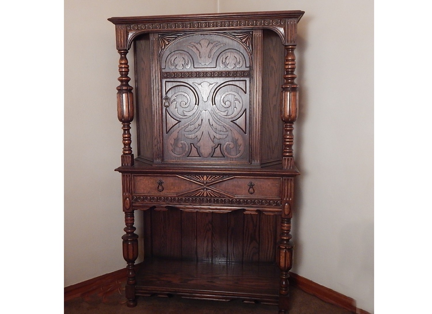 1930's Jacobean Revival Carved Oak Hutch