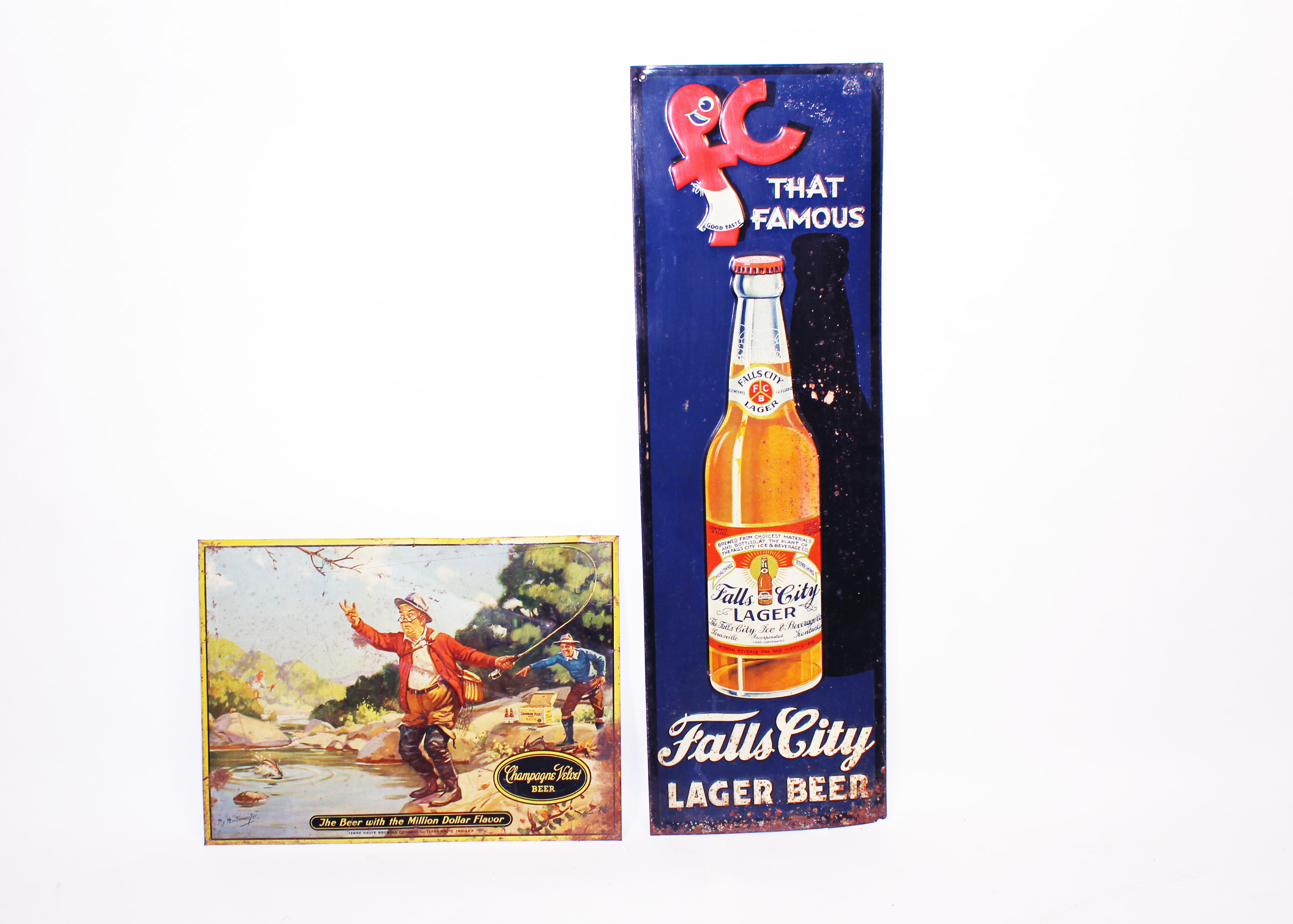 Vintage Champagne Velvet and Falls City Lager Beer Signs
