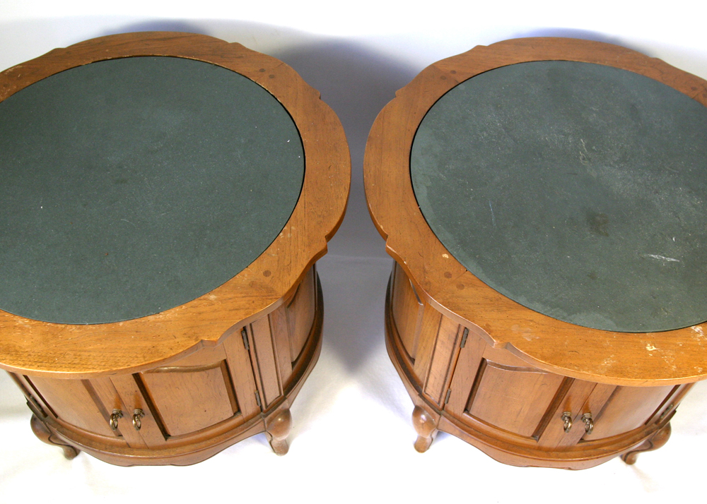 Pair of Round Slate Top End Tables