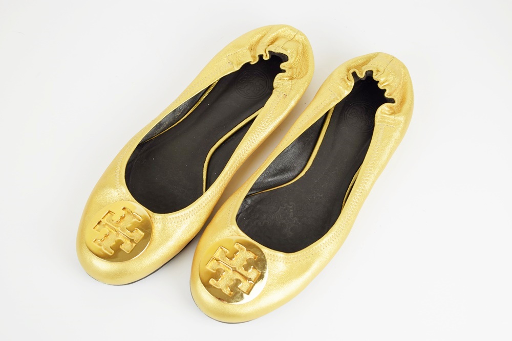 Tory Burch Metallic Gold Leather Ballerina Flats, Size 9.5