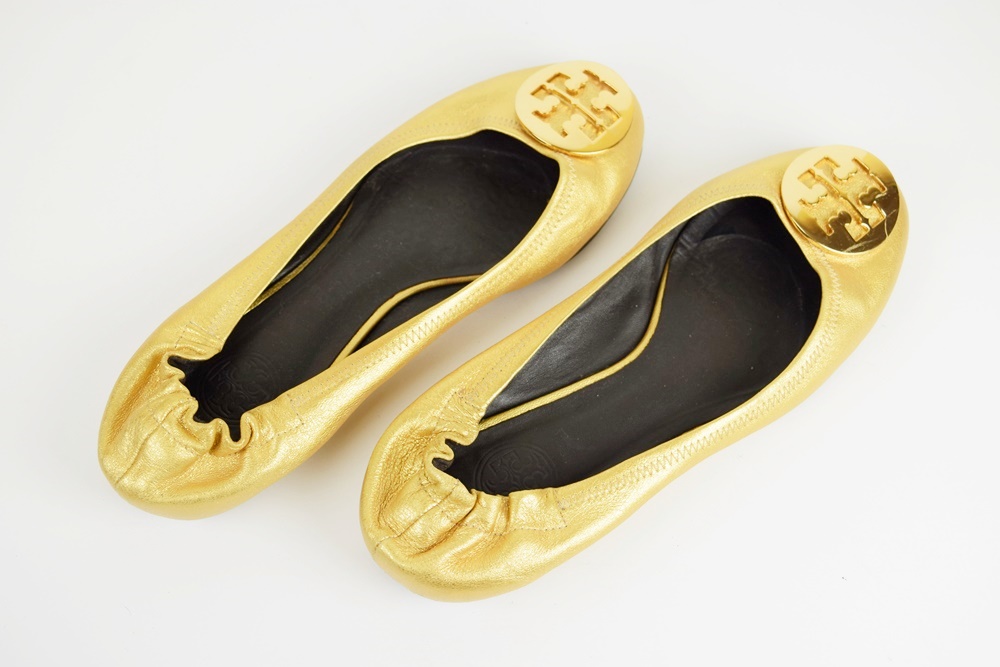 Tory Burch Metallic Gold Leather Ballerina Flats, Size 9.5
