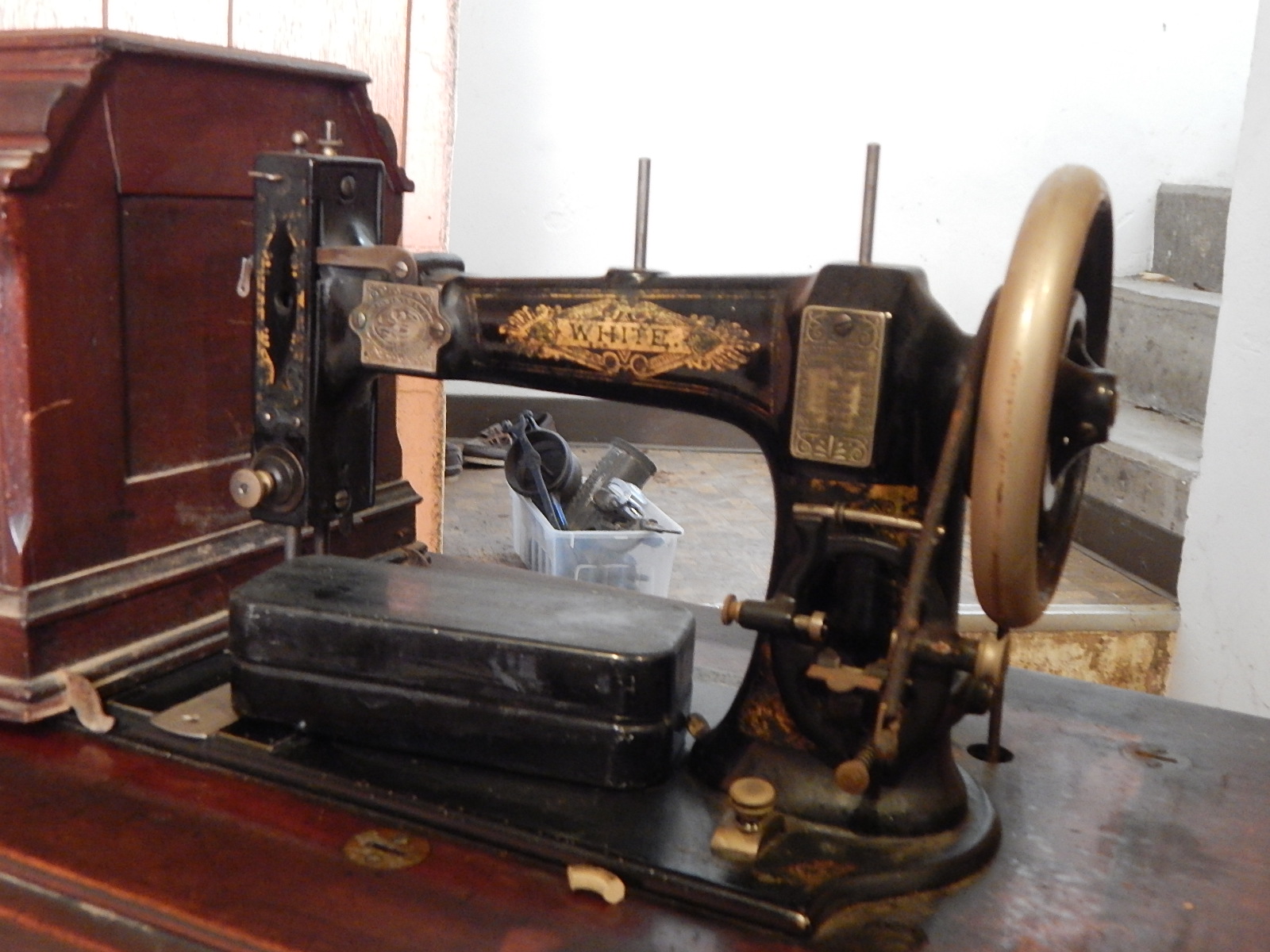 Antique White Sewing Machine and Stand