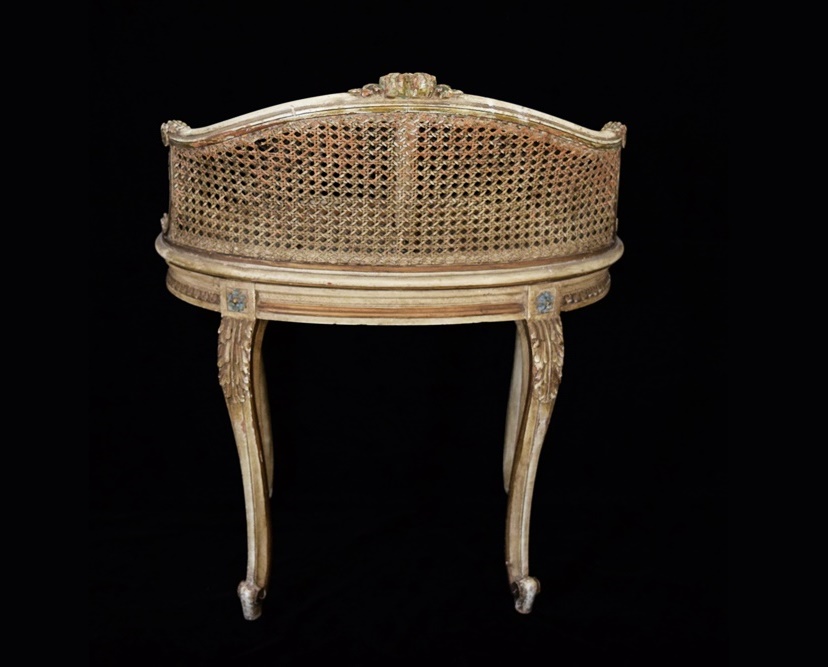Vintage French Vanity Stool with Carved Frame and Cane seat