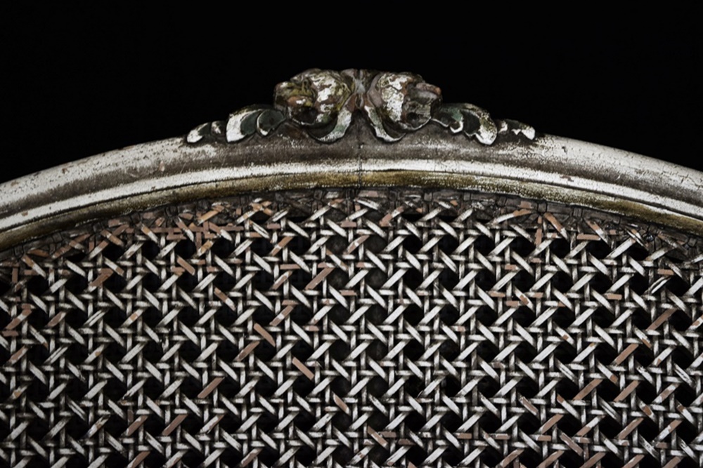 Vintage French Vanity Stool with Carved Frame and Cane seat