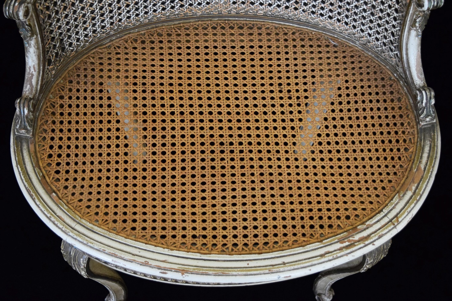 Vintage French Vanity Stool with Carved Frame and Cane seat