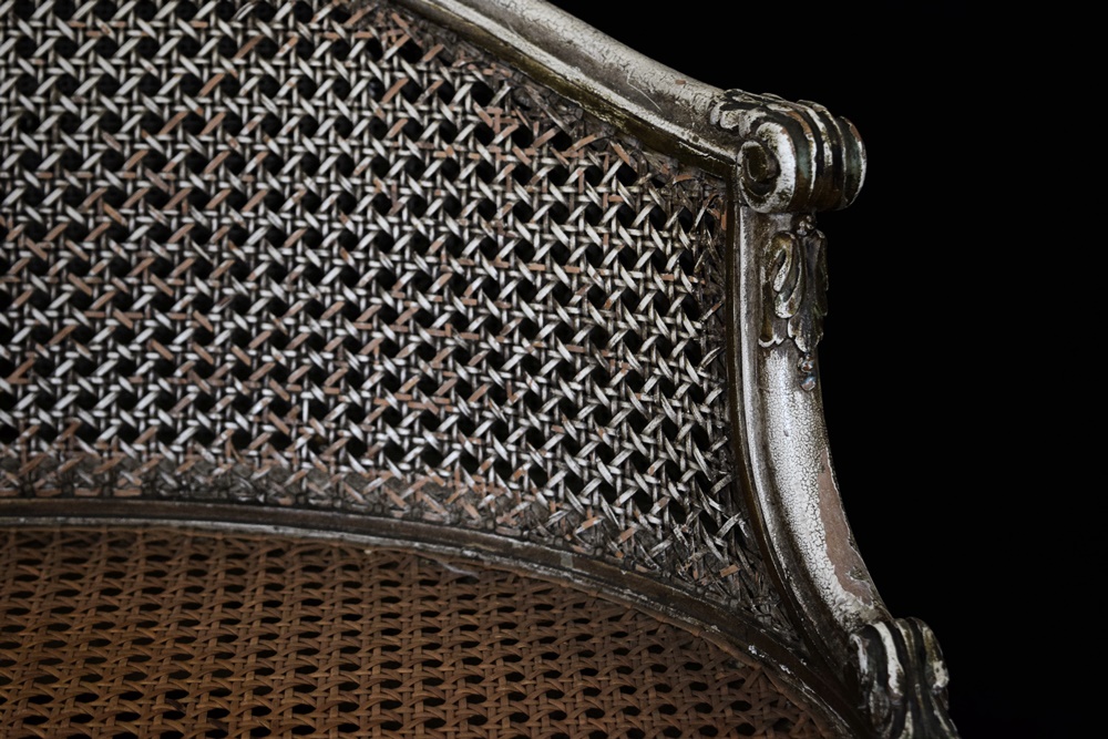 Vintage French Vanity Stool with Carved Frame and Cane seat