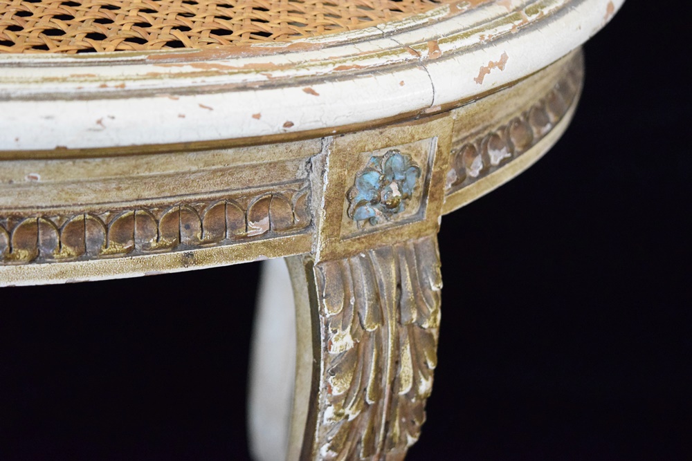Vintage French Vanity Stool with Carved Frame and Cane seat