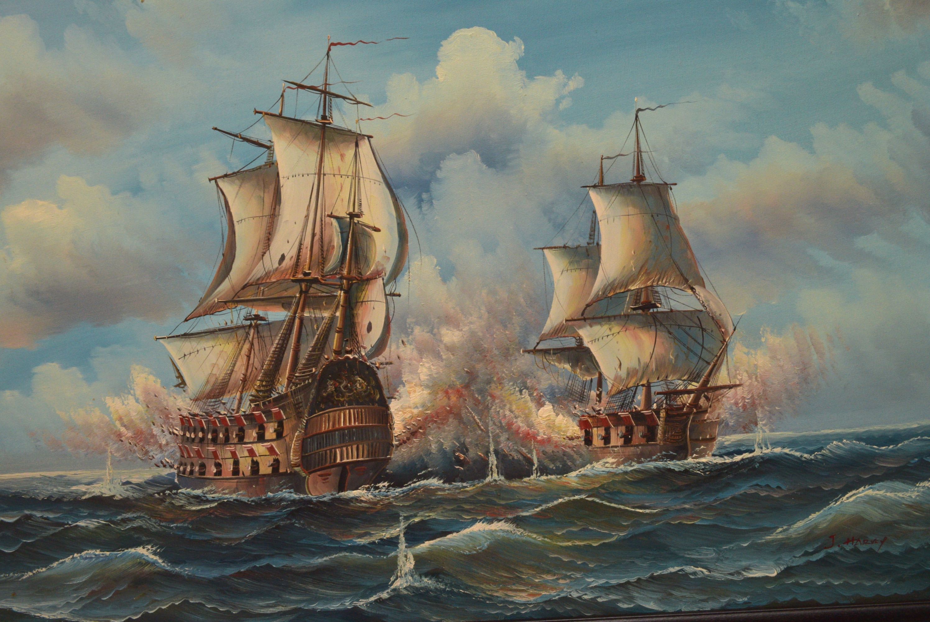 Battling Ships Oil Painting by J Harvey