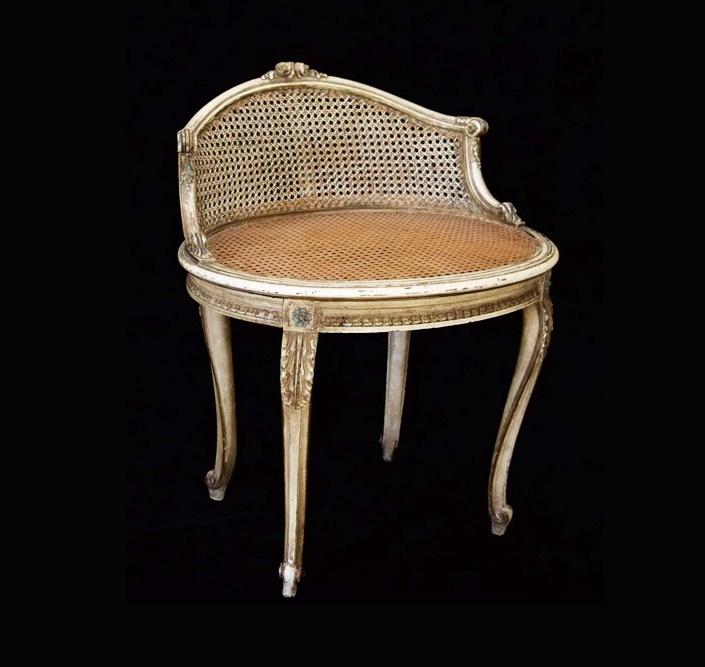 Vintage French Vanity Stool with Carved Frame and Cane seat