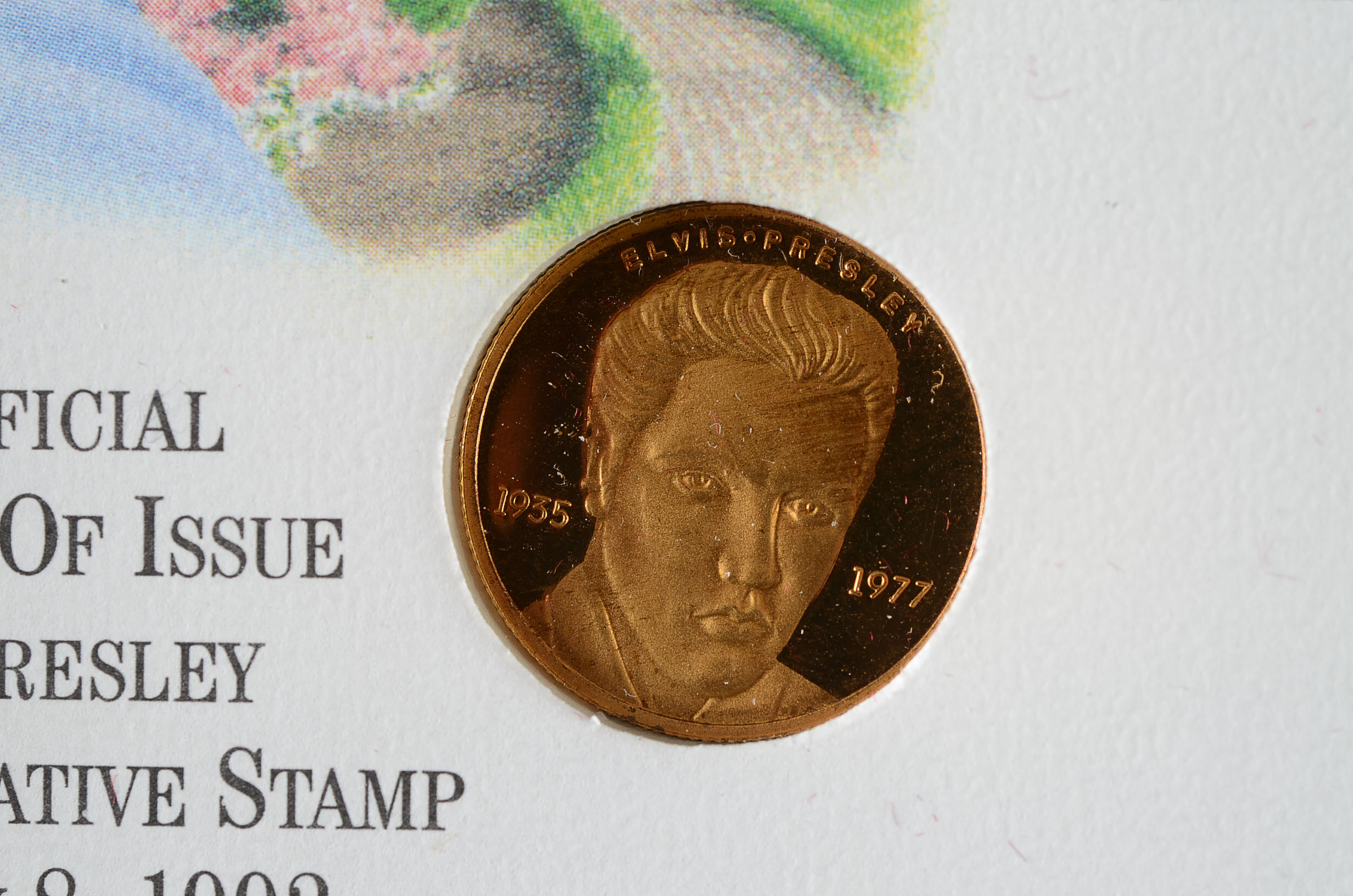 Elvis Presley 14K Gold Coin and First Day of Issue Stamp