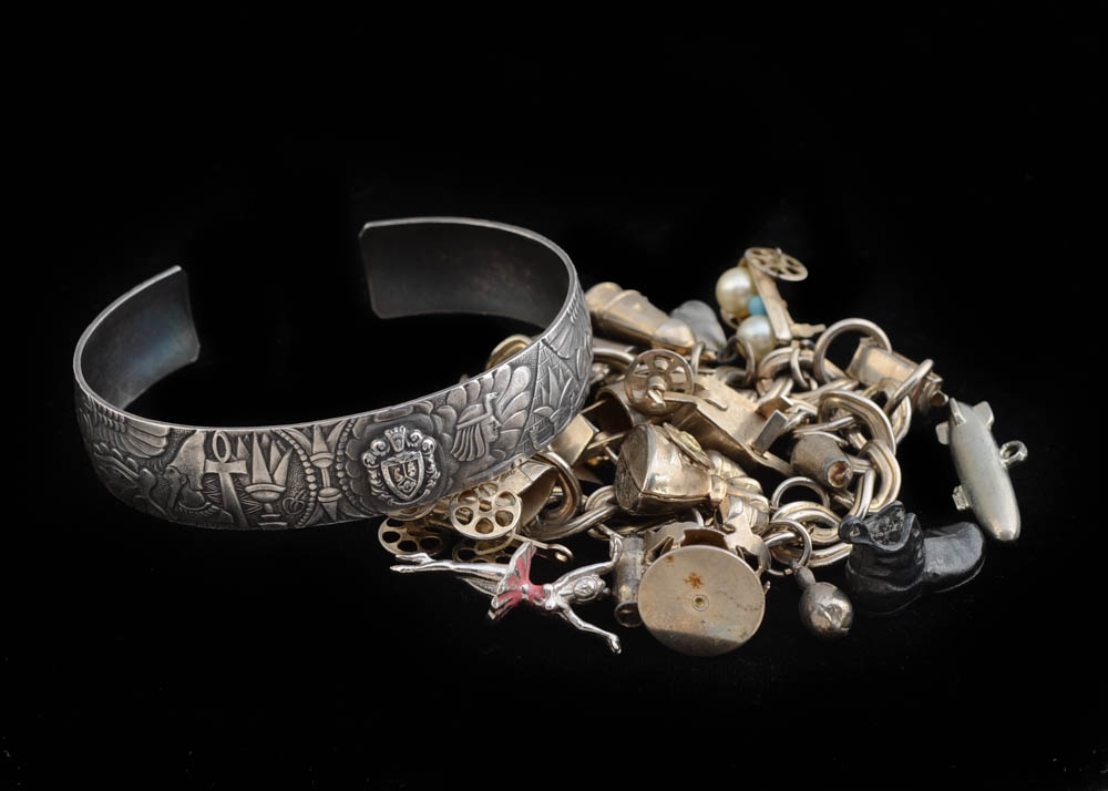 Silver Tone Charm Bracelet and Cuff Bracelet