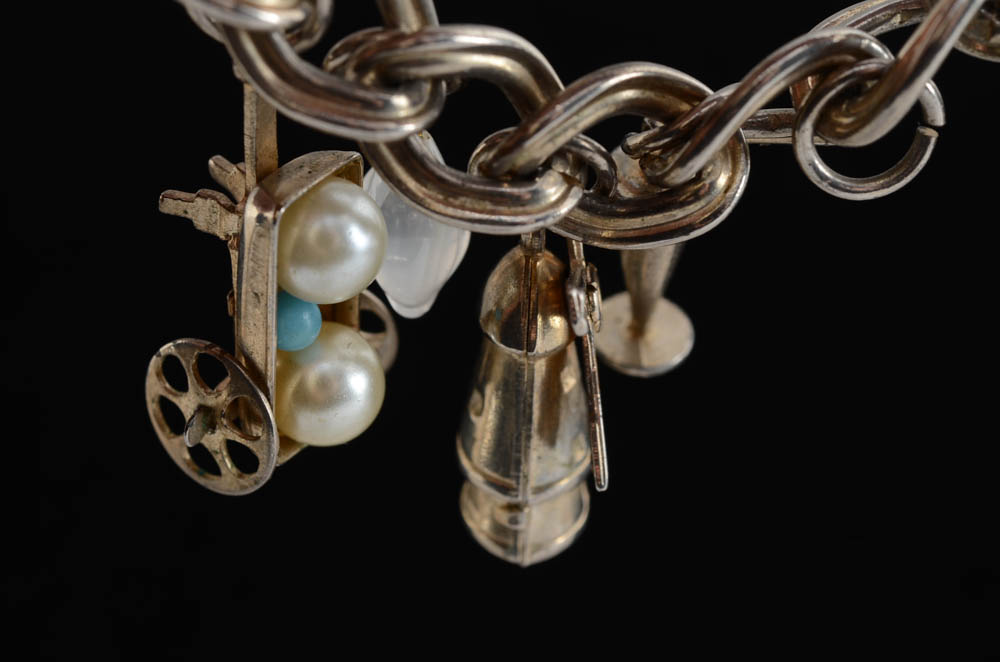 Silver Tone Charm Bracelet and Cuff Bracelet