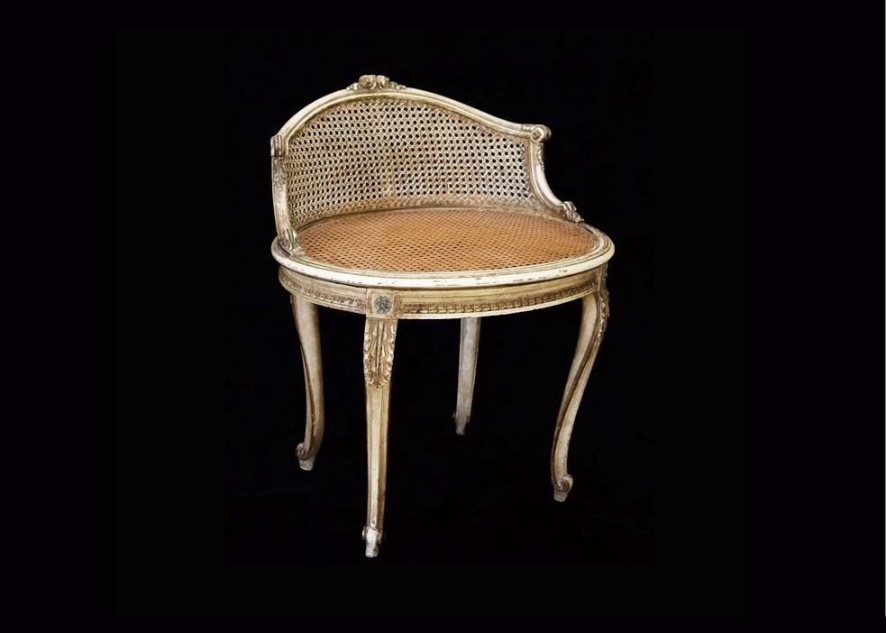Vintage French Vanity Stool with Carved Frame and Cane seat