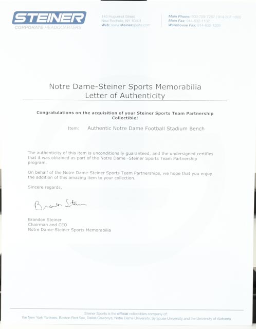 Notre Dame Stadium Seat Bench   Steiner  COA
