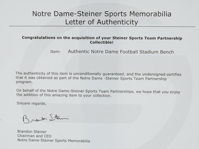 Notre Dame Stadium Seat Bench   Steiner  COA