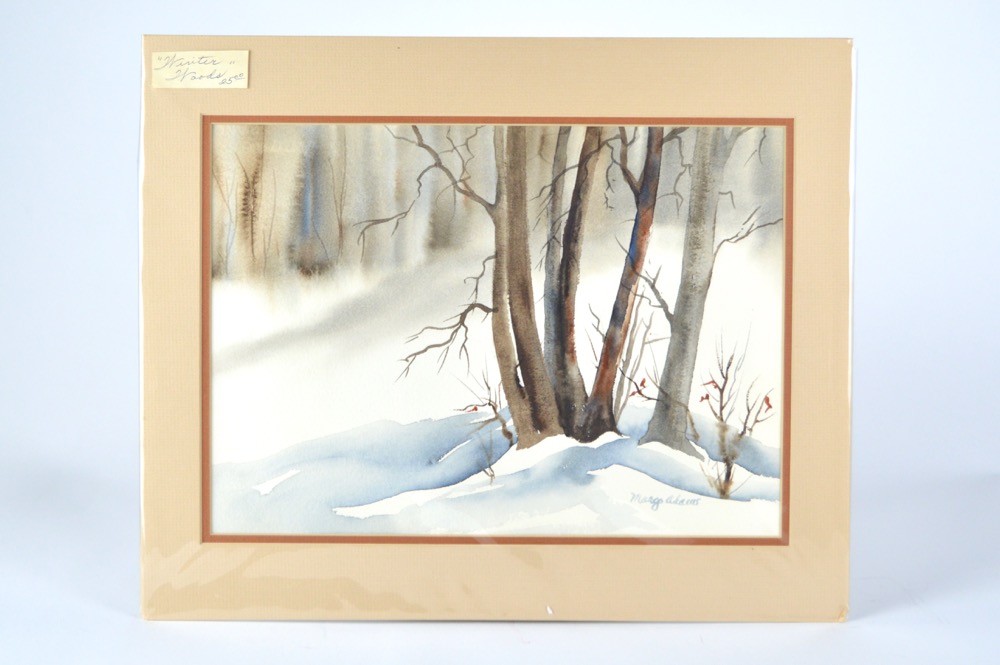 Pair of Margo Adams Original Watercolor Matted Paintings