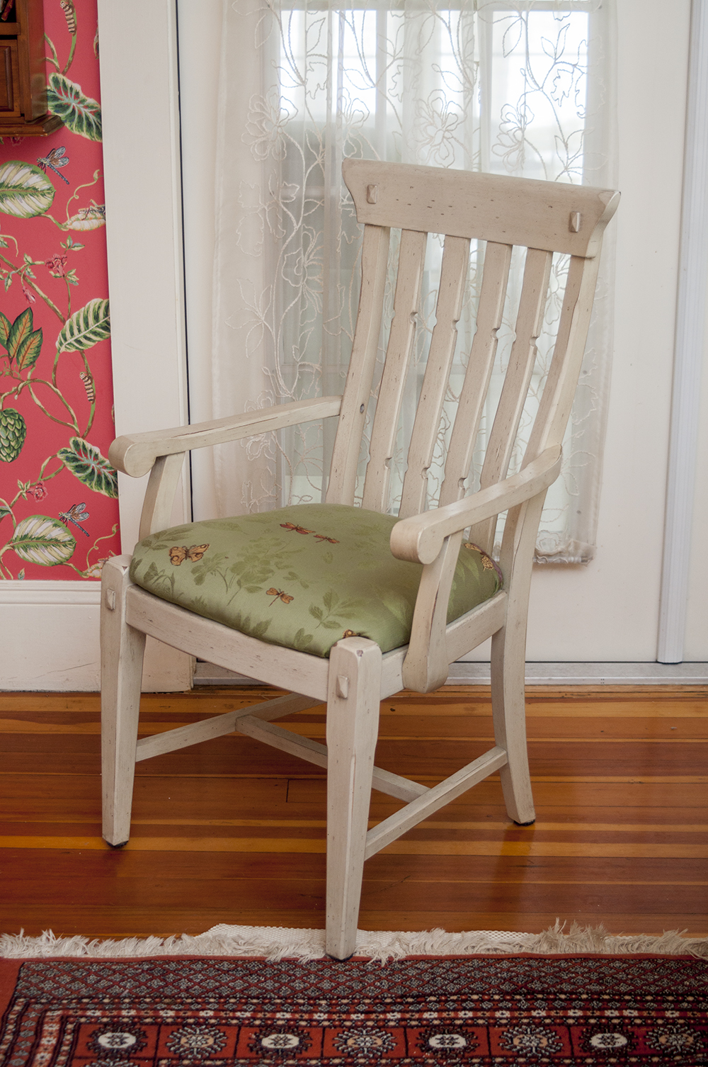 Distressed Slat Back Arm Chairs