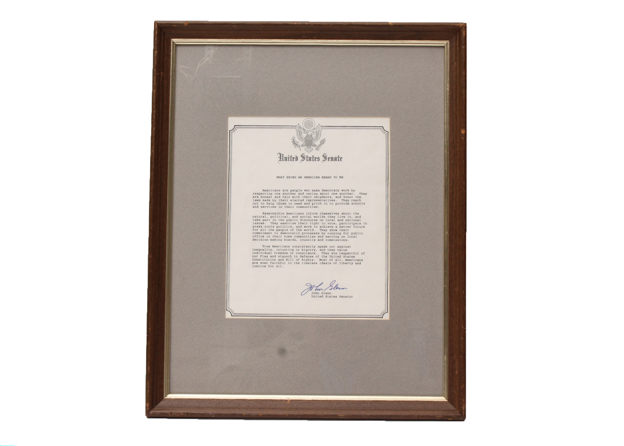 Signed and Framed Letter On Being an American By John Glenn