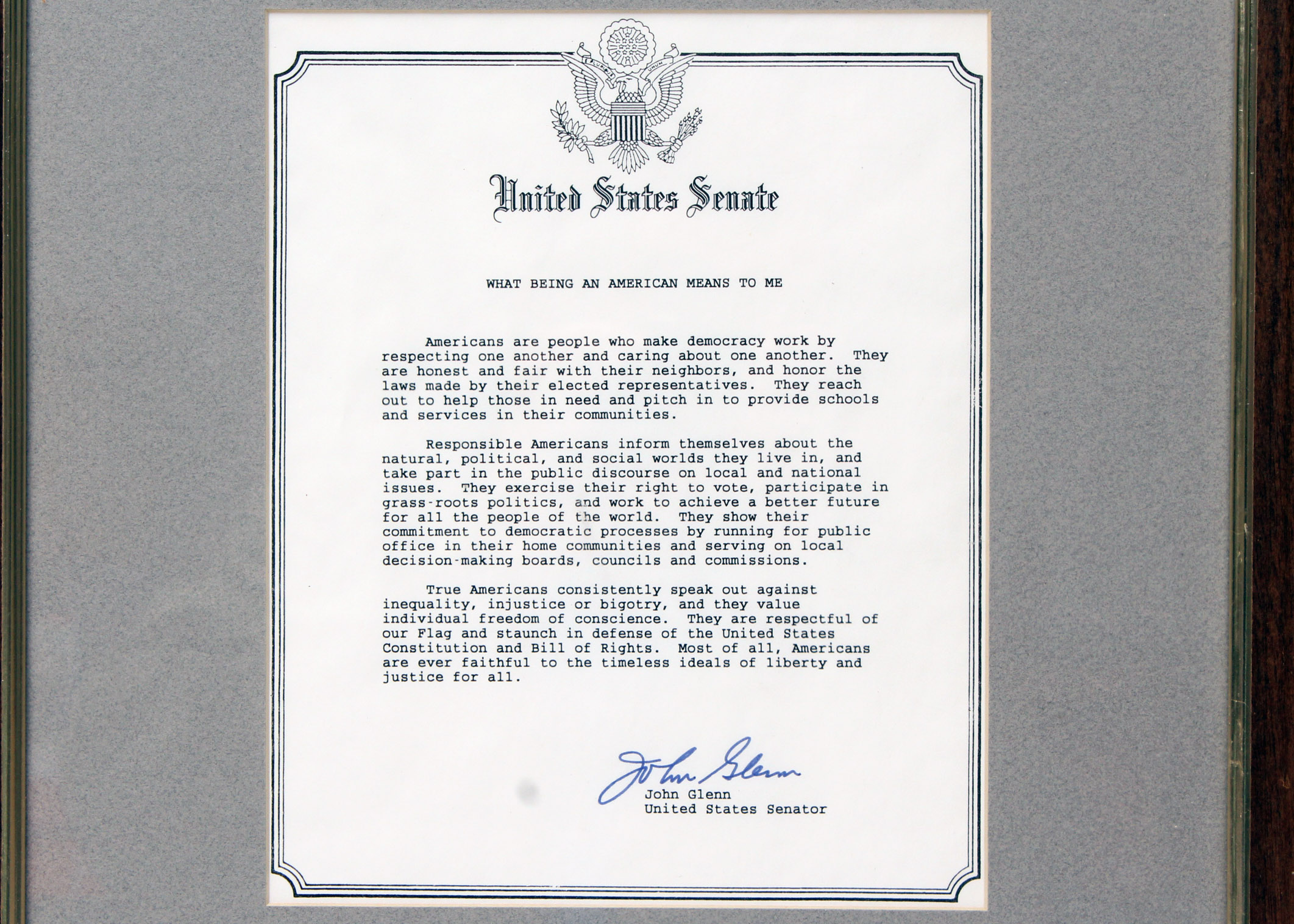 Signed and Framed Letter On Being an American By John Glenn