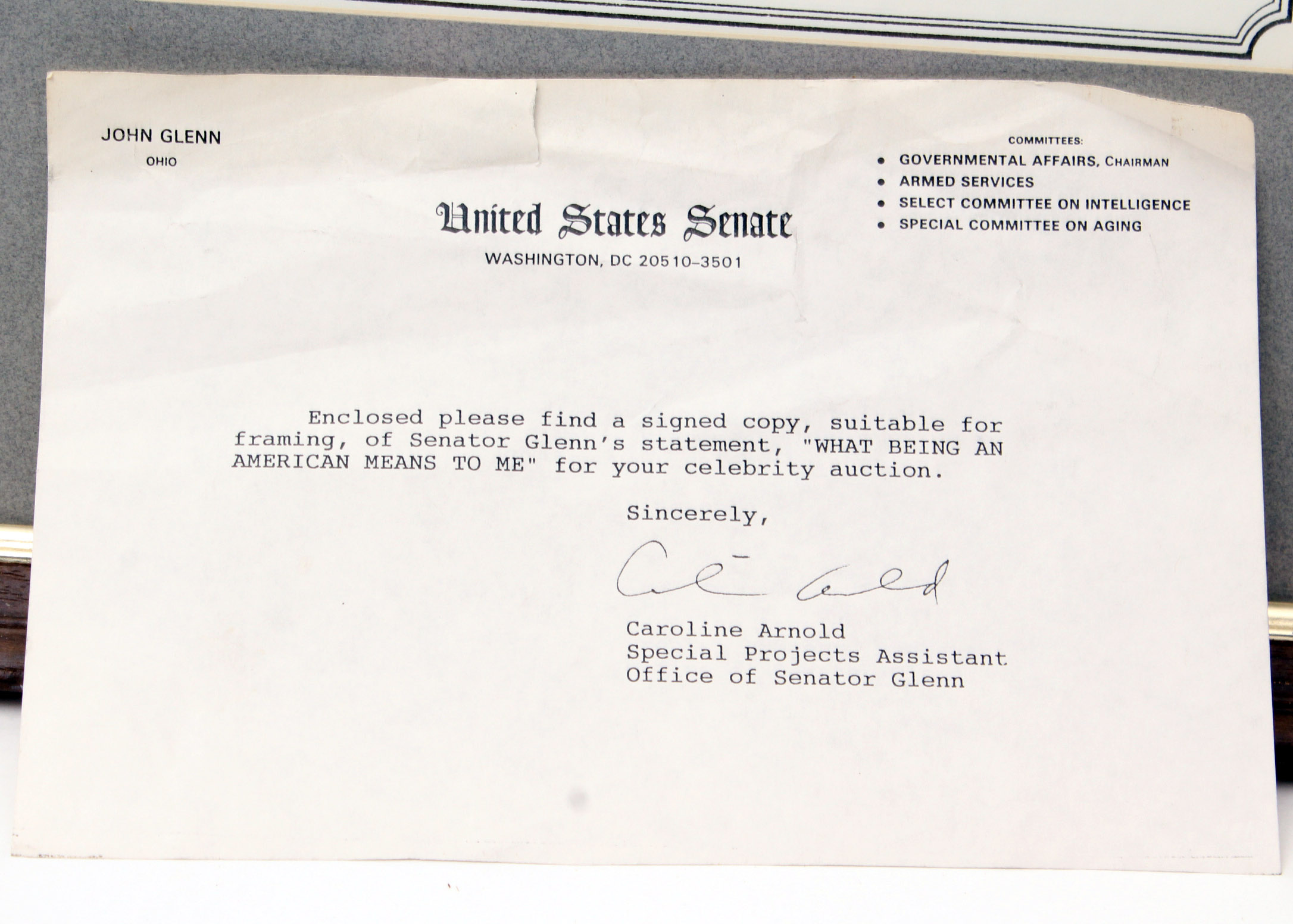 Signed and Framed Letter On Being an American By John Glenn