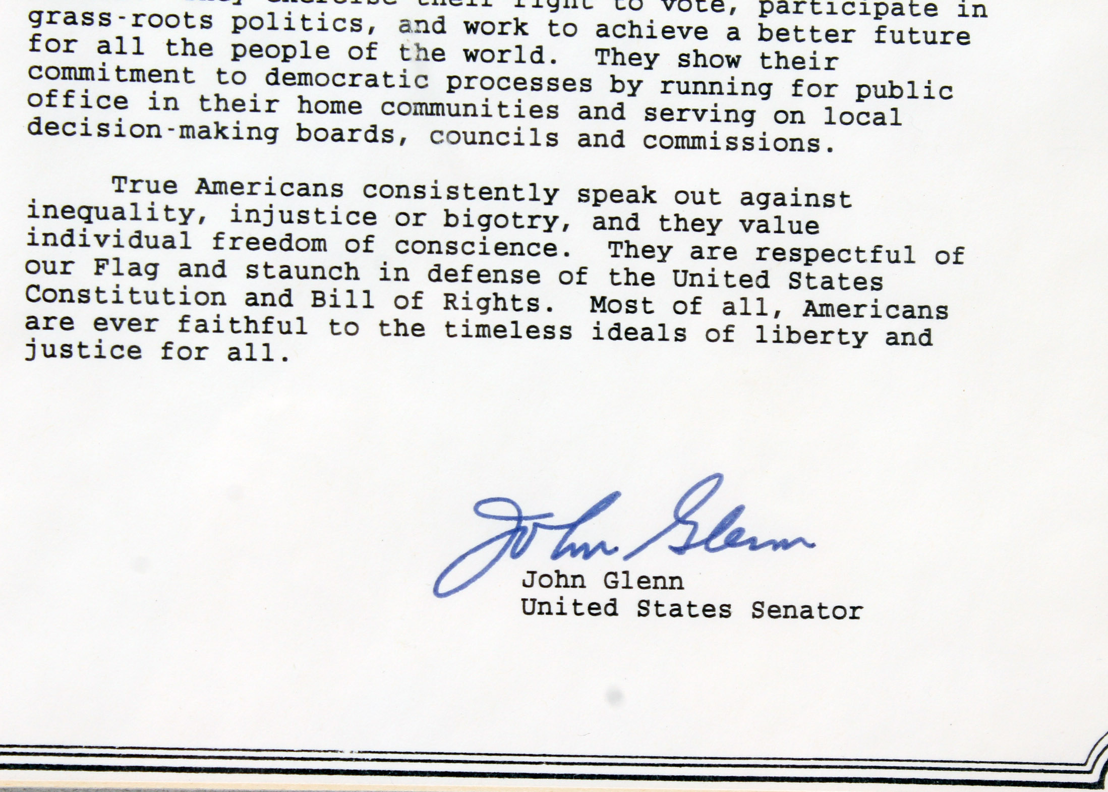 Signed and Framed Letter On Being an American By John Glenn