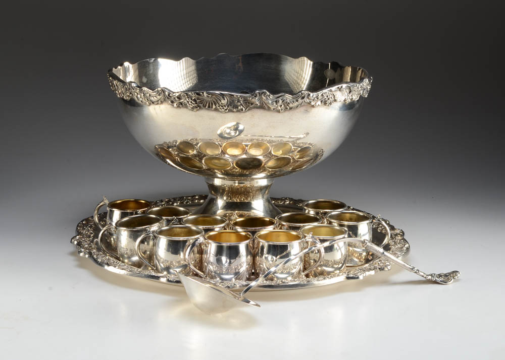 Towle Silver-Plate Punch Bowl, Tray, Cups and Ladle